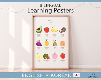 Zweisprachige koreanische Englisch Früchte Lernposter | Lernposter zweisprachig | Homeschool Printables | Digitaler Download | Montessori
