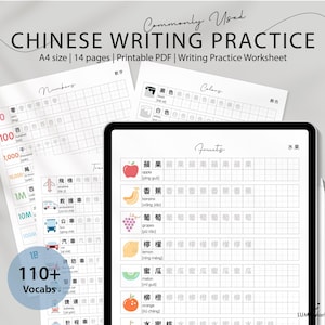 110+ parole cinesi Scheda di pratica di scrittura / Scheda di lavoro di vocabolario stampabile / Pianificatore di studio cinese / Parole cinesi tradizionali comunemente usate