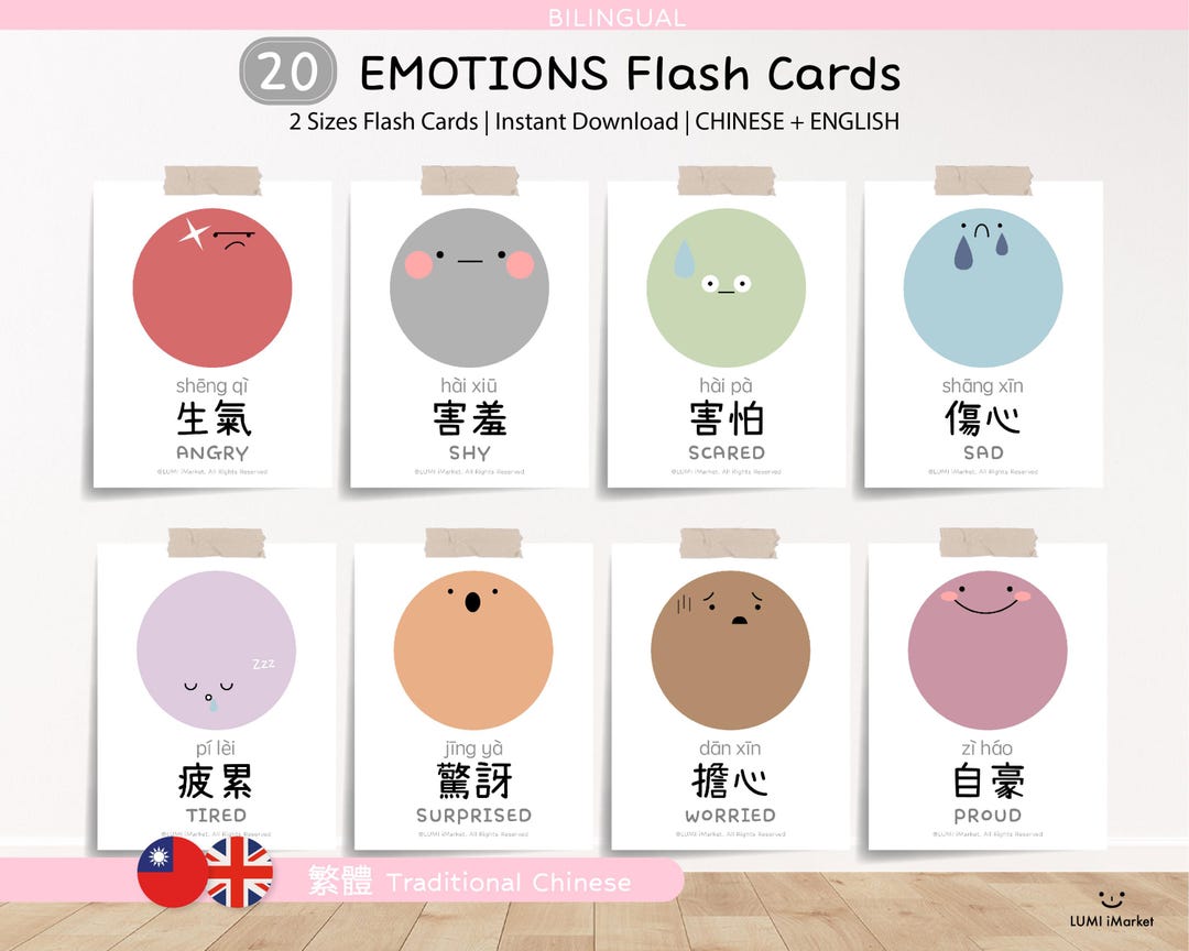 Bilingual Chinese Emotion Flash Cards Pinyin | Feeling Learning Cards ...