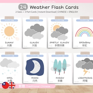 Cartões de clima em chinês e inglês | Gráficos meteorológicos bilíngues | Materiais Montessori | Recursos para educação domiciliar | Cartaz para sala de aula | IMPRIMÍVEIS
