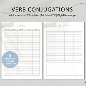 May include: Printable verb conjugation chart template with six pages. The chart has columns for root verb, definition, present, past, and future tenses. The template is designed for use with digital note apps.