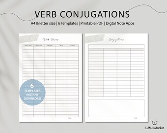 Verb Conjugations Printable Worksheet | Conjugations Practice | Language Study Planner | Study Korean, Chinese, Japanese & French