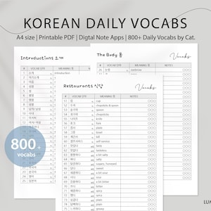 May include: A printable PDF document with a black and white design. The document is titled "Korean Daily Vocabs" and features a list of Korean words and their English translations. The document is divided into three sections: "Introductions", "The Body", and "Restaurants".