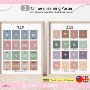 Póster bilingüe para aprender letras chinas / Montessori en casa / Educación en chino / Imprimible / Descarga digital / Pronombres