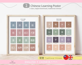 Tweetalige Chinese poster leren letters | Montessori-thuisonderwijs | Chinees educatief | Afdrukbaar | Digitale download | Voornaamwoorden