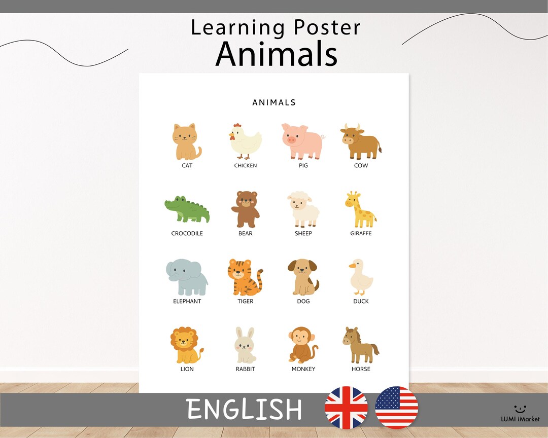 Animals Learning Poster | Common Animals | English Montessori Materials ...