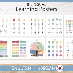 10 carteles educativos bilingües inglés-coreano / Juego de 10 carteles educativos / Imprimibles Montessori para educación en casa / Con pronunciaciones