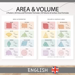 May include: Two educational posters with formulas for area, perimeter, volume, and surface area. The posters display geometric shapes such as squares, rectangles, triangles, and circles, with their respective formulas. The text "AREA & VOLUME" is at the top, with the word "ENGLISH" at the bottom.