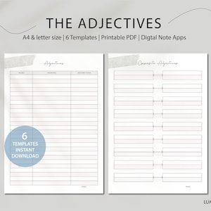 Könnte beinhalten: Druckbare Arbeitsblätter zum Erlernen von Adjektiven. Das Arbeitsblatt hat zwei Abschnitte: einen zum Auflisten von Adjektiven und ihren Bedeutungen und einen zum Auflisten von gegensätzlichen Adjektiven. Das Arbeitsblatt ist für die Verwendung mit digitalen Notiz-Apps konzipiert.