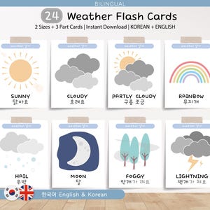 Tarjetas meteorológicas (coreano-inglés) / Gráficos meteorológicos bilingües / Materiales Montessori / Recursos para la educación en casa / Póster para el aula / MATERIAL IMPRIMIBLE
