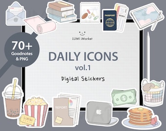 70+ Daily Sticker Pack vol.1 | Cute GoodNotes Digital Planner Stickers | PNG Stickers | Everyday Life |  Daily Icons PNG & Pre-Cropped