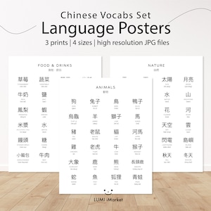 Chinesisch Vokabeln lernen Wandkunst | Lernposter | Sprache Drucke | Digitaler Download | Sprachenlernen Poster | Natur,Essen,Tiere