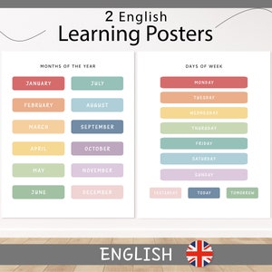 Mesi e giorni, set di poster educativi Montessori in inglese / poster per la classe / stampabile per la scuola domestica / apprendimento per i bambini piccoli