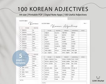 100 Korean Adjectives Vocab List | Study Korean | Vocabulary Worksheet Printable | Korean Vocabularies | Commonly Used Korean | Topik 1 2