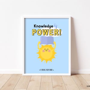 Peut inclure: Une affiche encadrée avec un fond bleu clair présente un soleil jaune souriant tenant un livre. Le texte "Knowledge is POWER!" est au-dessus du soleil, avec "- IT OPENS EVERY DOOR -" en dessous. Le cadre est blanc.