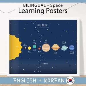 Póster de aprendizaje bilingüe coreano-inglés del sistema solar / Póster del espacio y los planetas / Materiales Montessori / Recursos para la educación en el hogar / IMPRIMIBLE - L