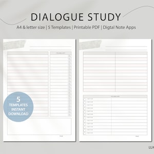 May include: A printable PDF template for dialogue study with five different layouts. The template includes sections for vocabulary and dialogue practice. The template is designed for use with digital note-taking apps.