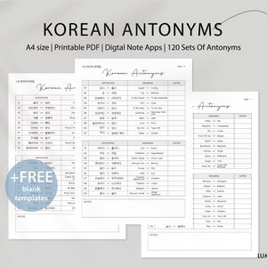 May include: A printable PDF document with 120 sets of Korean antonyms. The document is divided into three columns: Korean word, English translation, and notes. The document is designed for use with digital note apps. The document is titled "Korean Antonyms".