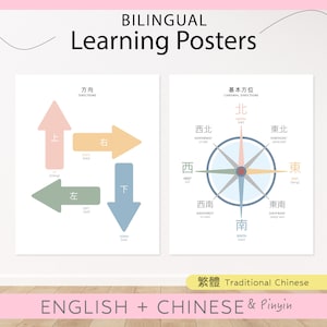 Conjunto de carteles educativos bilingües en inglés chino / Carteles de brújula de dirección / Cartel de aula / Educación en el hogar imprimible / Cartel Montessori
