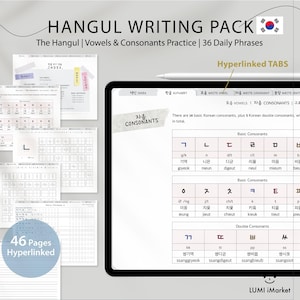 Könnte beinhalten: Ein digitales Hangul-Schreibpaket mit 46 Hyperlink-Seiten zum Erlernen des Koreanischen. Das Paket enthält Übungsblätter für Vokale, Konsonanten und 36 tägliche Sätze. Das Bild zeigt ein Tablet mit dem Hangul-Alphabet und einem Stift.
