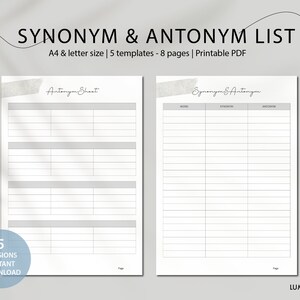 May include: Printable synonym and antonym list template in gray and white. The template has columns for words, synonyms, and antonyms. The text "Synonym & Antonym" is at the top of the page.
