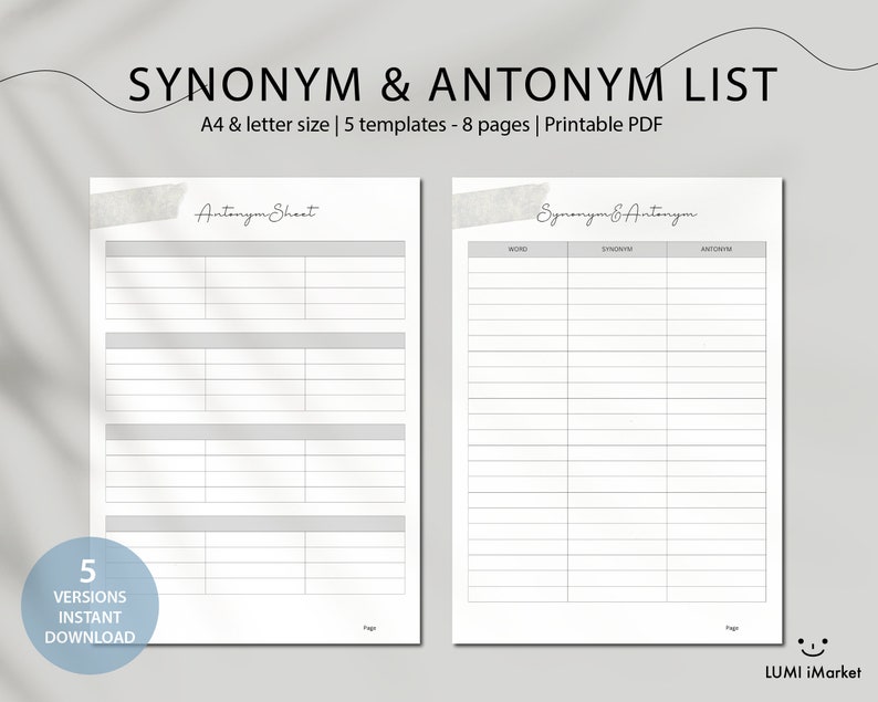 Synonym Antonym List | Printable Note Inserts | Vocabulary Worksheet ...