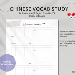 Foglio di studio sul vocabolario cinese, foglio di lavoro Hanzi, pianificatore di studio linguistico, stampabili di idiomi cinesi, cinese studiato, Hanzi, kanji