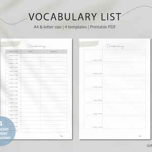 May include: Printable vocabulary list template with four versions. The template has columns for word class, word, and meaning. The template is designed for A4 and letter size paper.