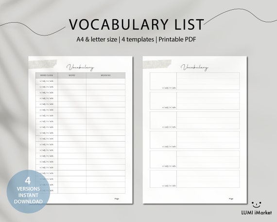 Vocabulary list | Vocabulary Worksheet | Language Study Planner| Korean Vocabulary Printables | Study Korean, Chinese, Japanese & French