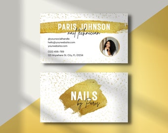 Beauty Business Card | Canva Template with Photo or QR Code | White & Gold Nail Business Card | GLD001