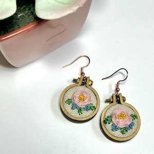 Pink Rose Embroidered Earrings: Mini Hoop Floral Boho Earrings