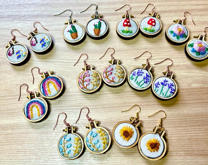 Hand Embroidered Earrings: Mini Hoop, Floral, Hypoallergenic