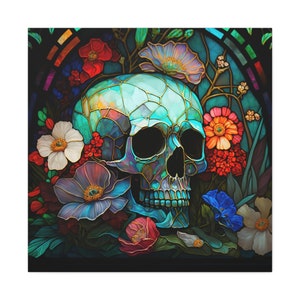 Matte Canvas, Stretched, 1.25" - Floral Stained Glass Day of the Dead Calavera Skull with Flowers Canvas Wall Decor