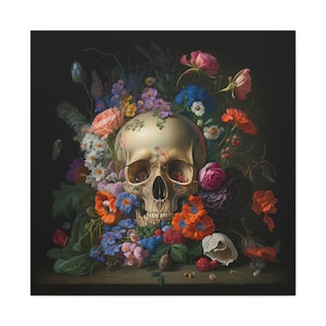 Matte Canvas, Stretched, 1.25" - Flower Adorned Memento Mori Skull,