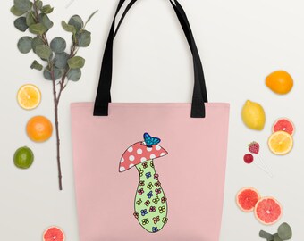 Mushroom illustration tote bag | Pink tote bag | Butterfly on mushroom | Flowers on mushroom
