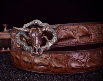 Men's Satan Belt Buckle - 925 Sterling Silver - Natural Turquoise, Natural Red Agate - Men's Gothic Belt Buckle - Silver Skull Belt Buckle