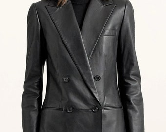 Handmade leather blazer, Women's leather blazer, leather blazer dress, black leather blazer, leather blazer, double breasted fitted blazer,