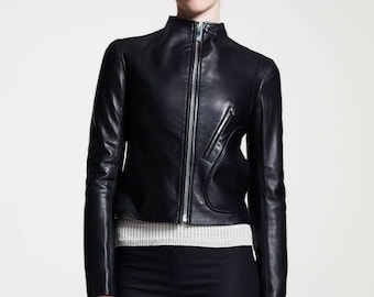 Handmade Black Leather Moto Jacket,  Women's Fitted Biker Jacket, women's jacket, Mini jacket