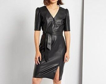 Customize leather dress, women's leather dress, midi leather dress, leather midi dress, Black leather dress, cocktail dress, V neck dress