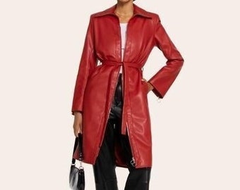 Handmade Genuine Red Leather Trench Coat, Women's Belted Overcoat Coat, women's Coat, leather coat, women's dress