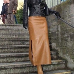 Handmade women&#39;s leather skirt, full leather skirt, long leather skirt, tan leather skirt, leather hobble skirt, leather side slit skirt,