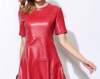 Handgefertigtes Lederkleid, Damenlederkleid, rotes Lederkleid, Leder Mini-Cocktailkleid, schwarzes Lederkleid, Leder Flare Minikleid
