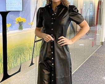Handmade Buttoned Genuine Leather Shirtdress, Midi Length leather dress, women's dress, cocktail dress, leather dress, Button dress