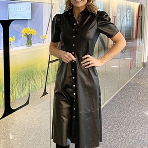 Handmade buttoned leather dress women&#39;s leather dress, long leather dress leather midi dress, black leather dress, leather shirtdress black,