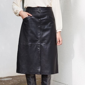 Handmade women&#39;s leather skirt, black leather skirt, long  skirt, button front skirt leather midi vintage skirt, A line skirt, Womens skirt