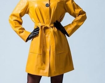 Handgefertigtes gelbes Leder Minikleid, Damenkleid mit Gürtel, Damenkleid