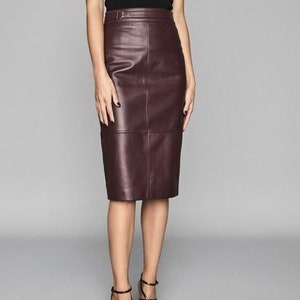 Burgundy Genuine Leather Pencil Skirt, Women's Custom Fit Knee-Length Skirt
