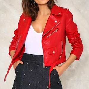 Handmade leather jacket, Women&#39;s leather jacket, red leather jacket, short leather jacket, leather cropped jacket, women biker jacket,