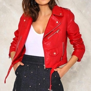 Handmade leather jacket, Women's leather jacket, red leather jacket, short leather jacket, leather cropped jacket, women biker jackets, image 1