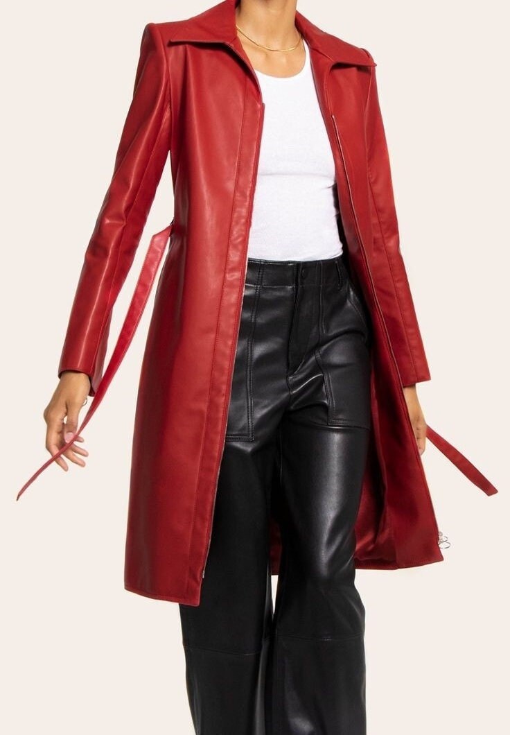 Handmade Genuine Red Leather Trench Coat, Women's Belted Overcoat